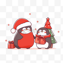 手绘红色圣诞树图片_圣诞节手绘元素圣诞树企鹅卡通