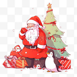 清爽一夏背景图片_圣诞节圣诞树企鹅卡通免抠元素