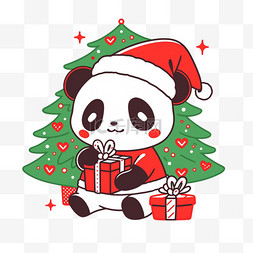 圣诞节熊猫手绘圣诞树卡通元素
