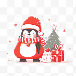 手绘红色圣诞树图片_卡通手绘圣诞节圣诞树企鹅元素