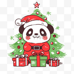 开心铃铛图片_圣诞节卡通熊猫圣诞树手绘元素