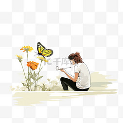 一朵花图片_女人在一朵花上拍摄一只蝴蝶