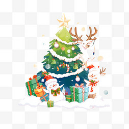 小鹿手绘背景图片_卡通圣诞节圣诞树圣诞老人手绘元