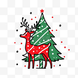手绘线条鹿图片_圣诞节平面插画小鹿松树手绘元素