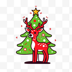 红色和绿色图片_平面插画小鹿松树卡通手绘圣诞节