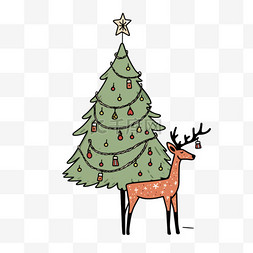 手绘线条鹿图片_圣诞节小鹿松树平面插画卡通手绘