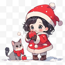 宠物圣诞节图片_可爱女孩拿着苹果卡通手绘元素圣