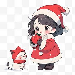 戴圣诞帽的苹果图片_圣诞节手绘元素可爱女孩拿着苹果