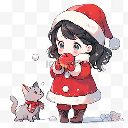 卡通苹果红色图片_手绘元素圣诞节可爱女孩拿着苹果