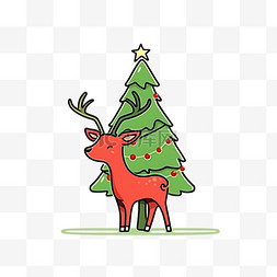 红色和绿色图片_手绘元素圣诞节平面插画小鹿松树
