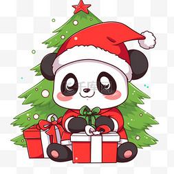 白色线条圣诞树图片_圣诞节熊猫圣诞树卡通元素手绘