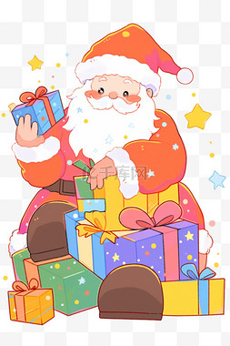 紫色礼盒卡通图片_卡通圣诞老人彩色元素插画手绘