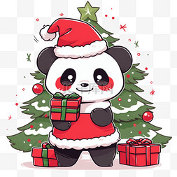 红色圣诞树表情图片_圣诞节熊猫圣诞树卡通手绘元素