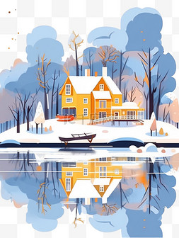 蓝色的湖水图片_雪山风景插画卡通冬天手绘元素