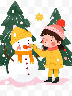 堆雪人的男孩图片_冬天可爱孩子堆雪人手绘元素卡通