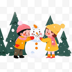 可爱孩子堆雪人卡通冬天手绘元素