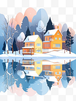 倒影树图片_冬天手绘元素雪山风景插画卡通