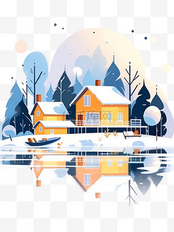 卡通手绘房子树木图片_雪山风景插画冬天卡通手绘元素