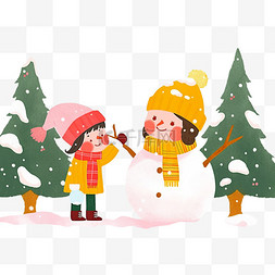 冬天卡通可爱孩子堆雪人手绘元素