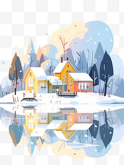 蓝色卡通背景风景图片_冬天雪山插画卡通手绘风景元素