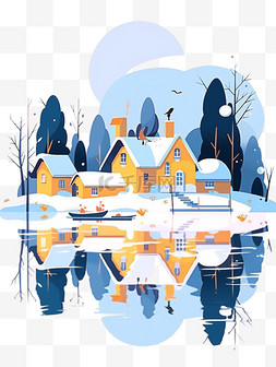 清澈湖水图片_冬天雪山风景插画卡通手绘元素
