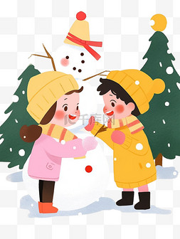 插画白色圣诞树图片_冬天可爱孩子卡通堆雪人手绘元素