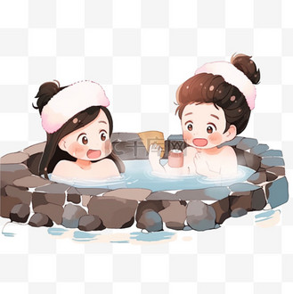 冬天泡温泉的孩子手绘元素卡通