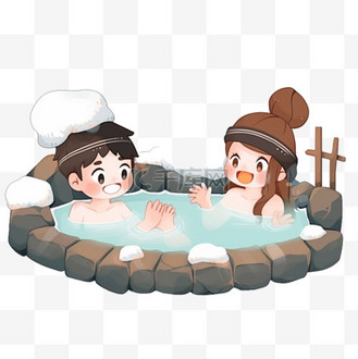 手绘温泉图片素材_冬天泡温泉的孩子手绘卡通元素