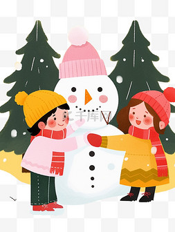 冬天可爱孩子堆雪人手绘卡通元素