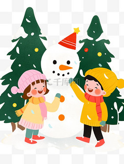 堆雪人的男孩图片_手绘冬天可爱孩子堆雪人卡通元素