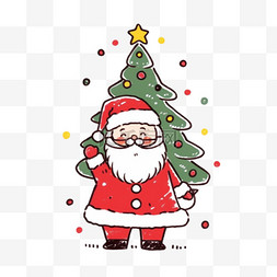 红色圣诞树线条图片_手绘圣诞节插画圣诞老人圣诞树卡