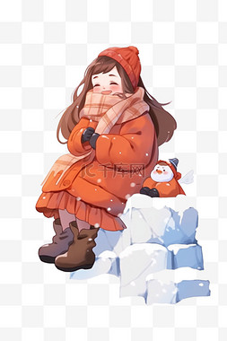 冬天雪天卡通可爱女孩手绘元素