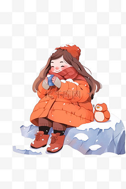 棕色羽绒服图片_冬天雪天手绘元素可爱女孩卡通