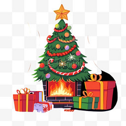 圣诞节圣诞树卡通手绘壁炉元素