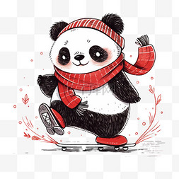 冬天手绘可爱熊猫滑冰卡通元素