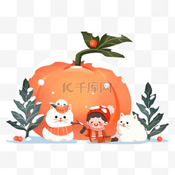 在前面图片_手绘冬天柿子孩子雪人卡通元素