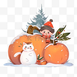 柿子孩子雪人卡通冬天手绘元素