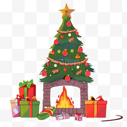 卡通圣诞节圣诞树壁炉手绘元素