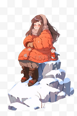 棕色羽绒服图片_冬天可爱女孩雪天卡通手绘元素