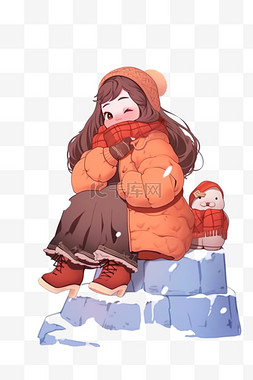 羽绒服简约图片_手绘冬天雪天可爱女孩卡通元素