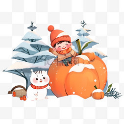 小猫雪人图片_冬天柿子孩子卡通雪人手绘元素