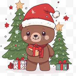 插画白色圣诞树图片_圣诞节小熊手绘松树卡通元素