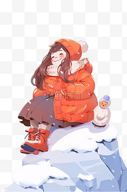 石头上的雪图片_雪天可爱女孩冬天卡通手绘元素