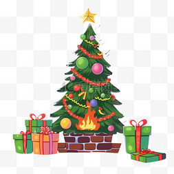 树上的铃铛图片_手绘圣诞节圣诞树壁炉卡通元素