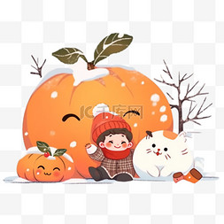小猫雪人图片_冬天孩子雪人卡通手绘元素柿子