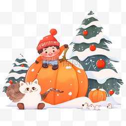 柿子孩子雪人卡通手绘元素冬天