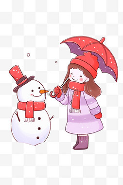 冬天手绘拿伞女孩雪人卡通元素