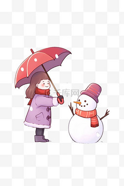 冬天天的背景图片_冬天拿伞女孩手绘雪人卡通元素