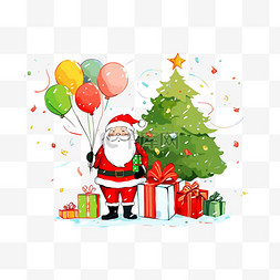 挂着彩灯的圣诞树图片_圣诞树圣诞老人气球卡通手绘圣诞