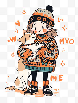 抱着动物的女孩图片_简笔画冬天手绘女孩动物卡通元素
